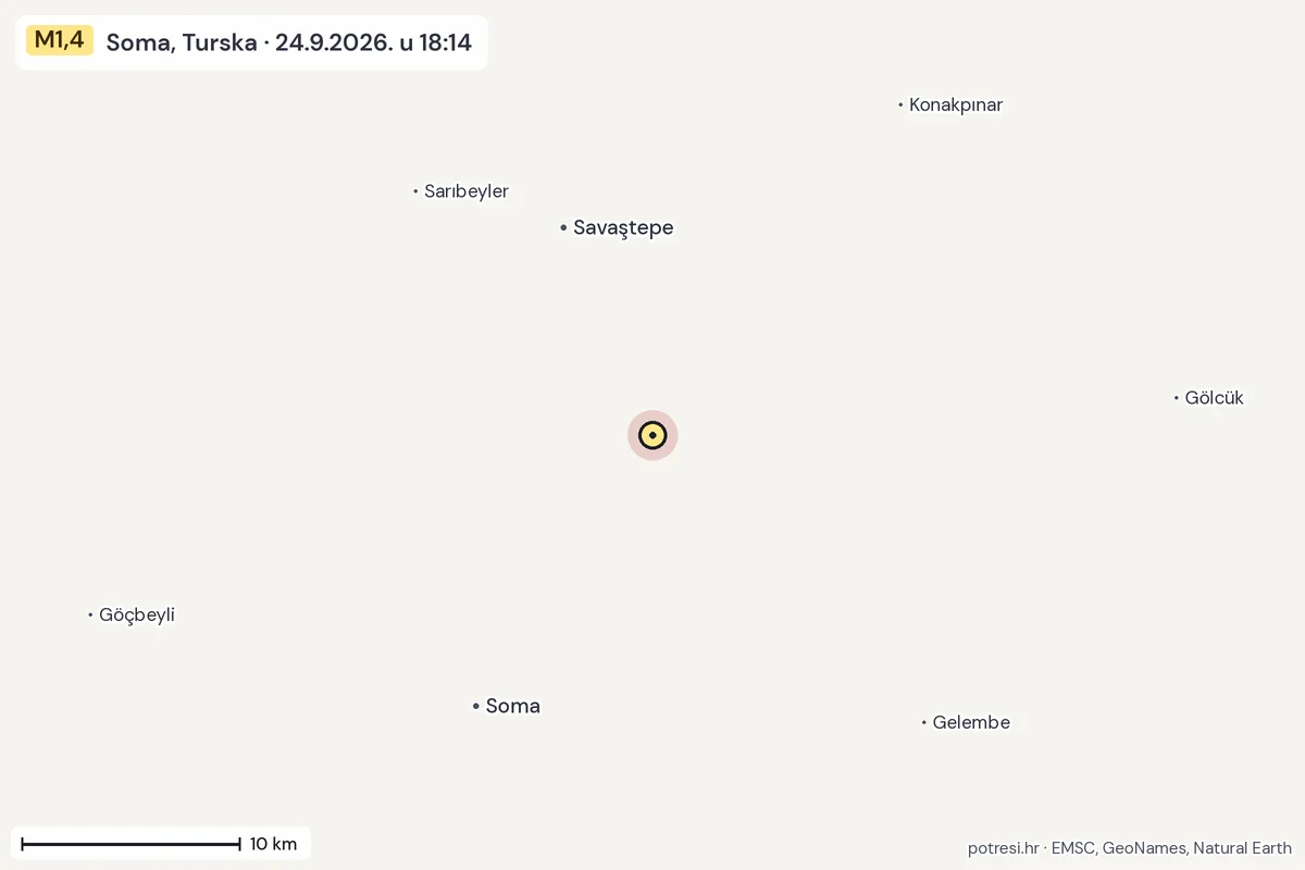 Karta: okolica epicentra, 60 km, potres M1,4, Soma, Turska, 24.9.2026.