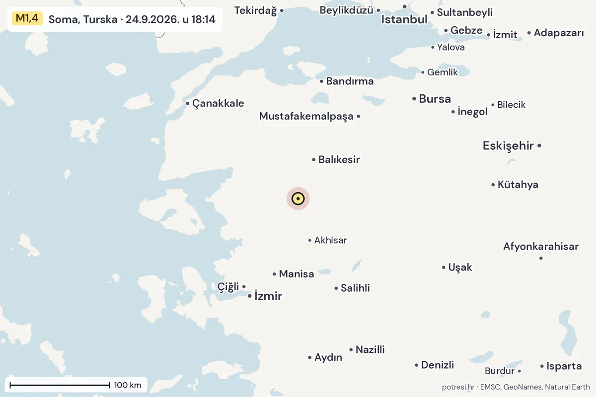 Karta: šire područje, 600 km, potres M1,4, Soma, Turska, 24.9.2026.