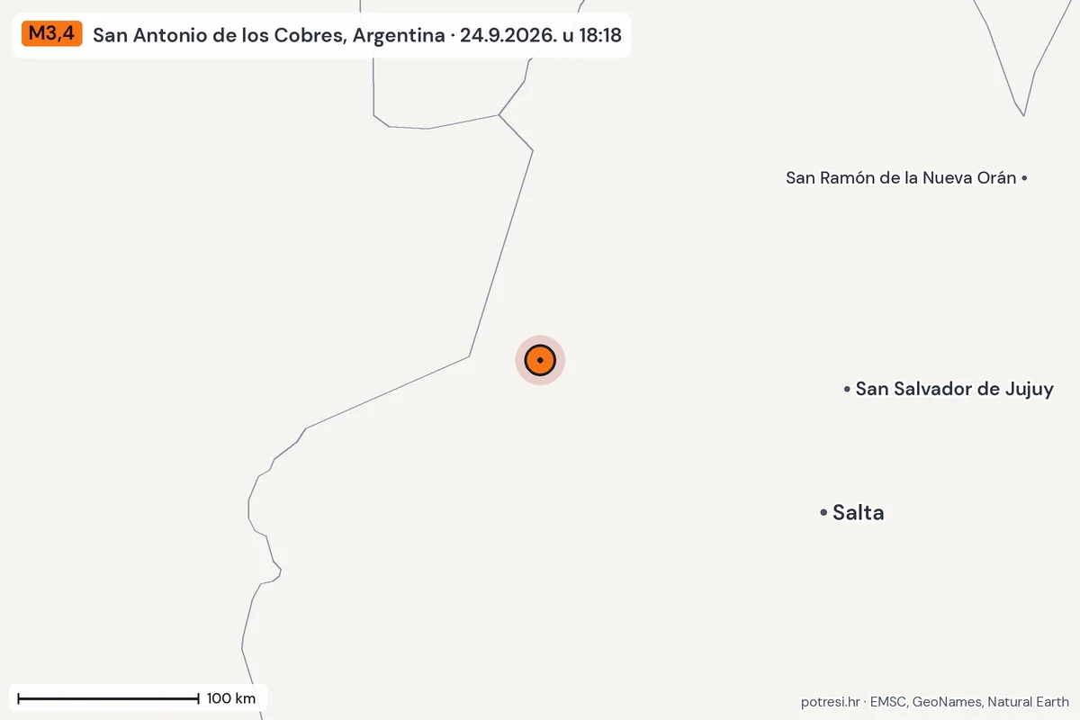 Karta: šire područje, 600 km, potres M3,4, San Antonio de los Cobres, Argentina, 24.9.2026.