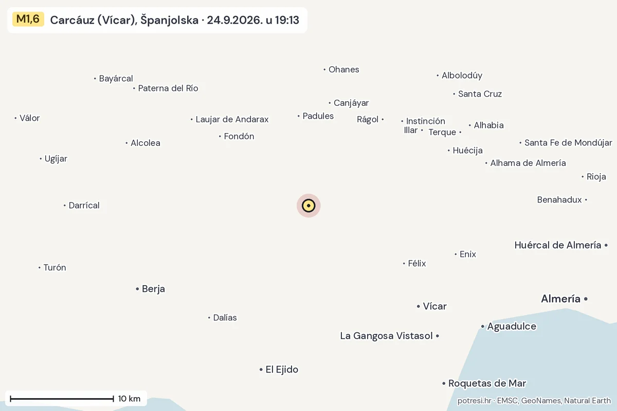 Karta: okolica epicentra, 60 km, potres M1,6, Carcáuz (Vícar), Španjolska, 24.9.2026.