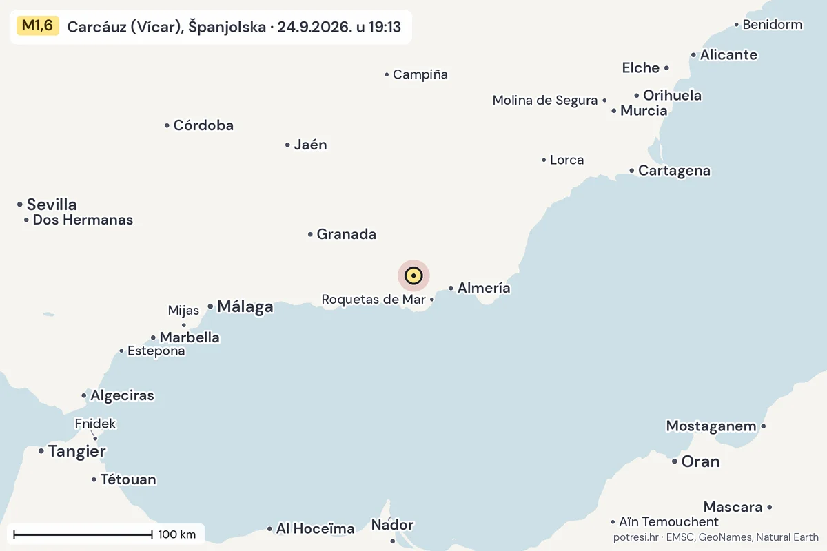 Karta: šire područje, 600 km, potres M1,6, Carcáuz (Vícar), Španjolska, 24.9.2026.