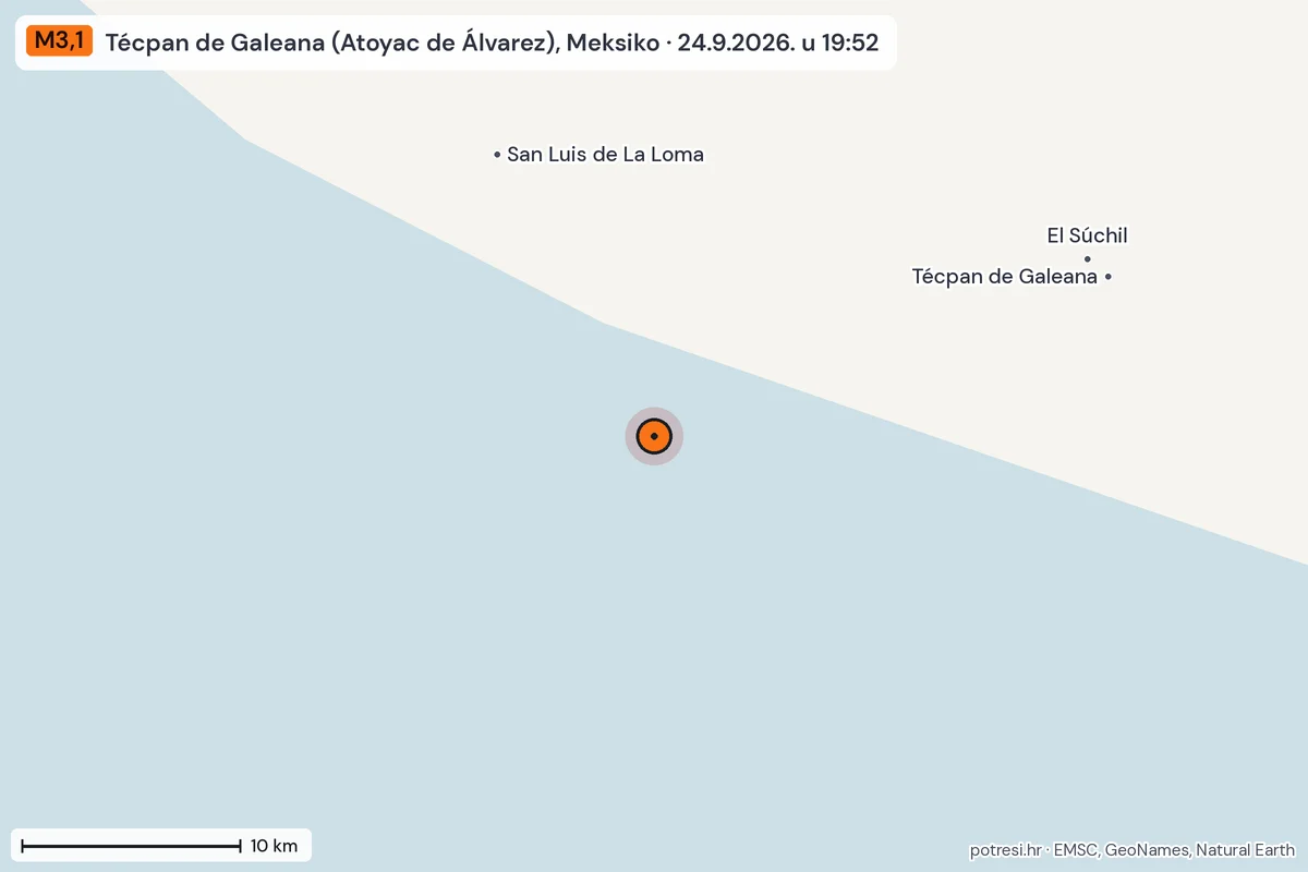 Karta: okolica epicentra, 60 km, potres M3,1, Técpan de Galeana (Atoyac de Álvarez), Meksiko, 24.9.2026.