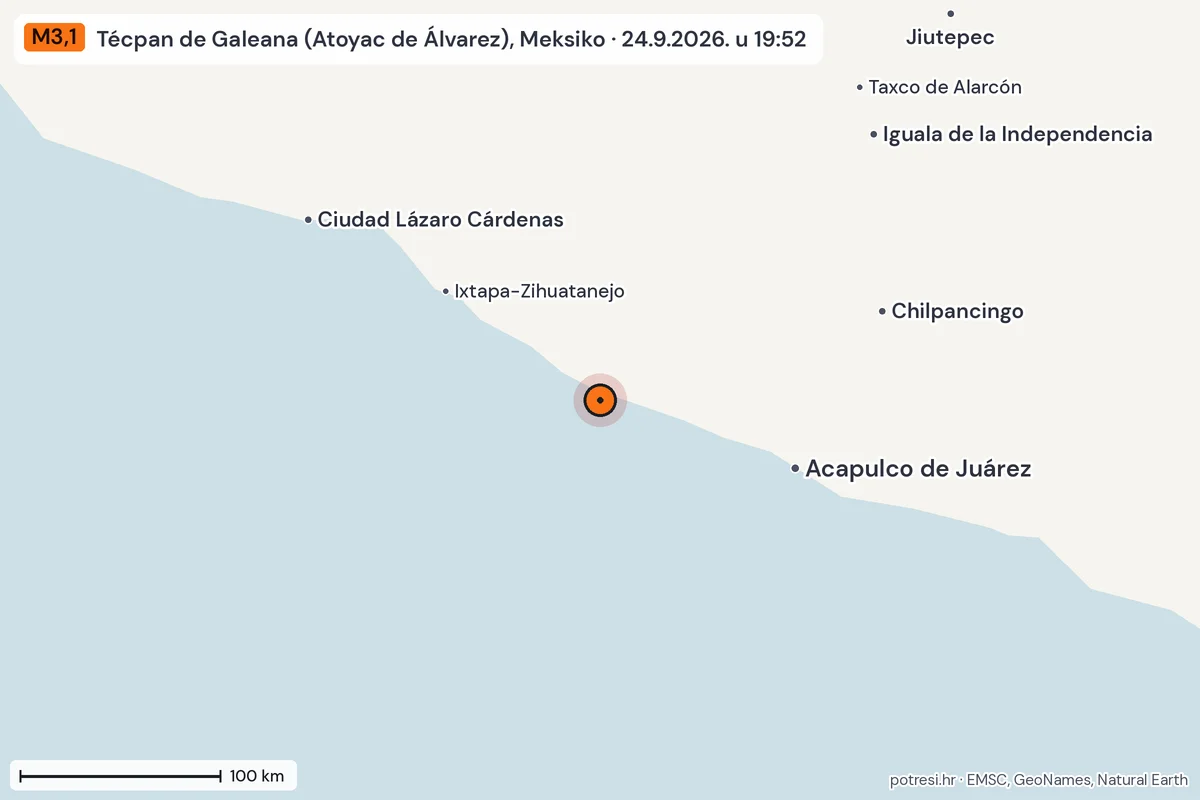 Karta: šire područje, 600 km, potres M3,1, Técpan de Galeana (Atoyac de Álvarez), Meksiko, 24.9.2026.