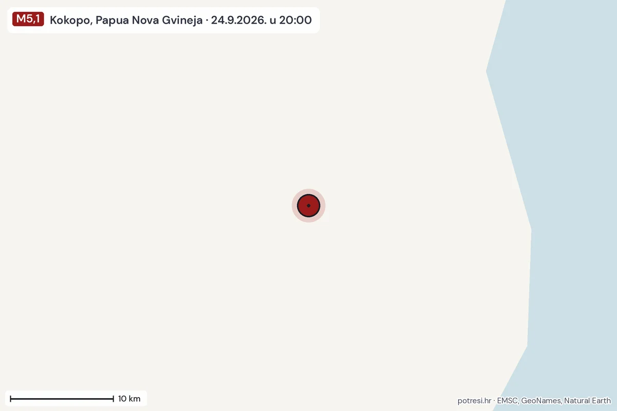 Karta: okolica epicentra, 60 km, potres M5,1, Kokopo, Papua Nova Gvineja, 24.9.2026.