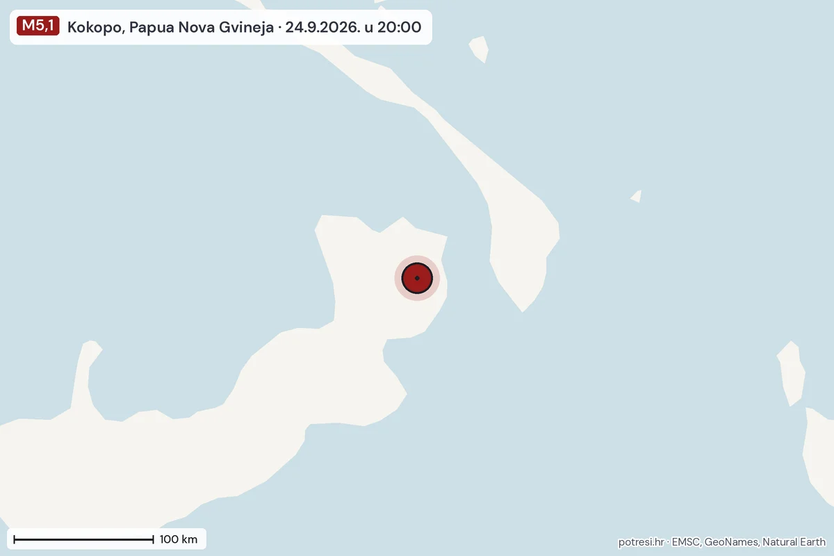 Karta: šire područje, 600 km, potres M5,1, Kokopo, Papua Nova Gvineja, 24.9.2026.