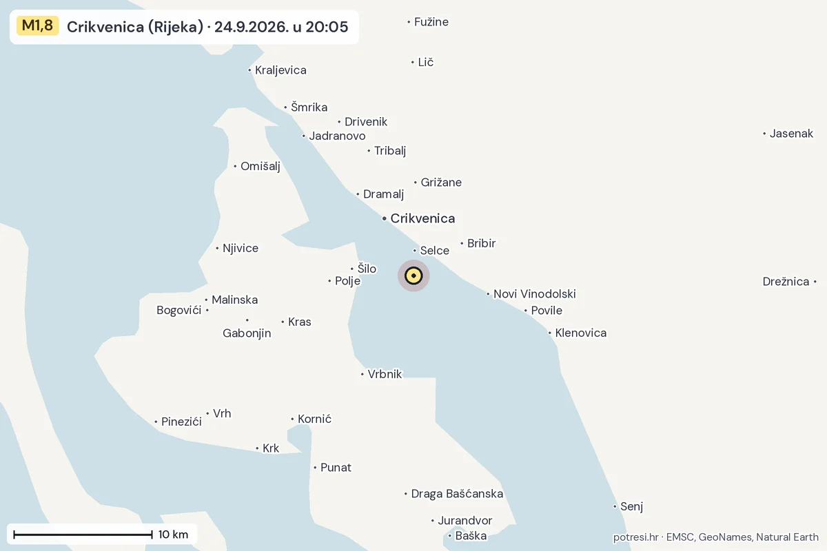 Karta: okolica epicentra, 60 km, potres M1,8, Crikvenica (Rijeka), 24.9.2026.