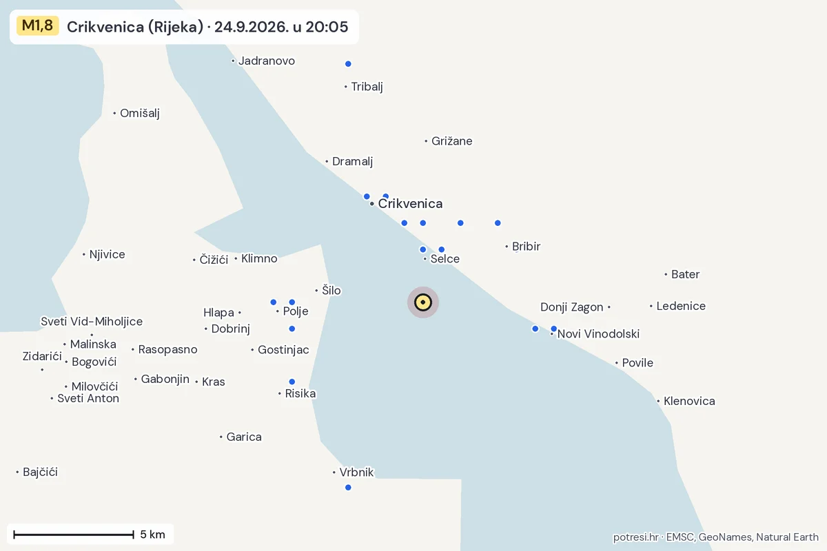 Karta: izvješća građana, potres M1,8, Crikvenica (Rijeka), 24.9.2026.