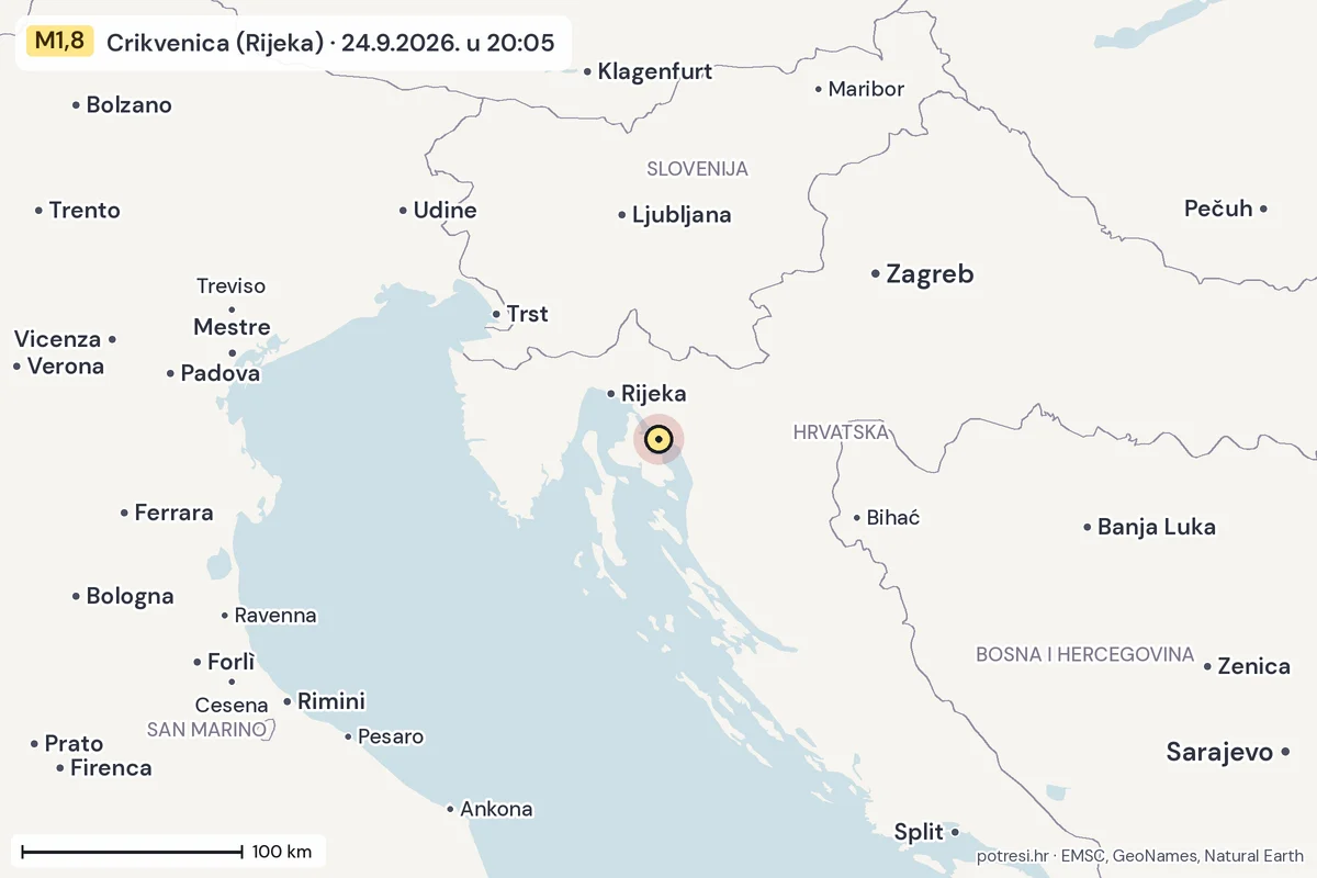 Karta: šire područje, 600 km, potres M1,8, Crikvenica (Rijeka), 24.9.2026.