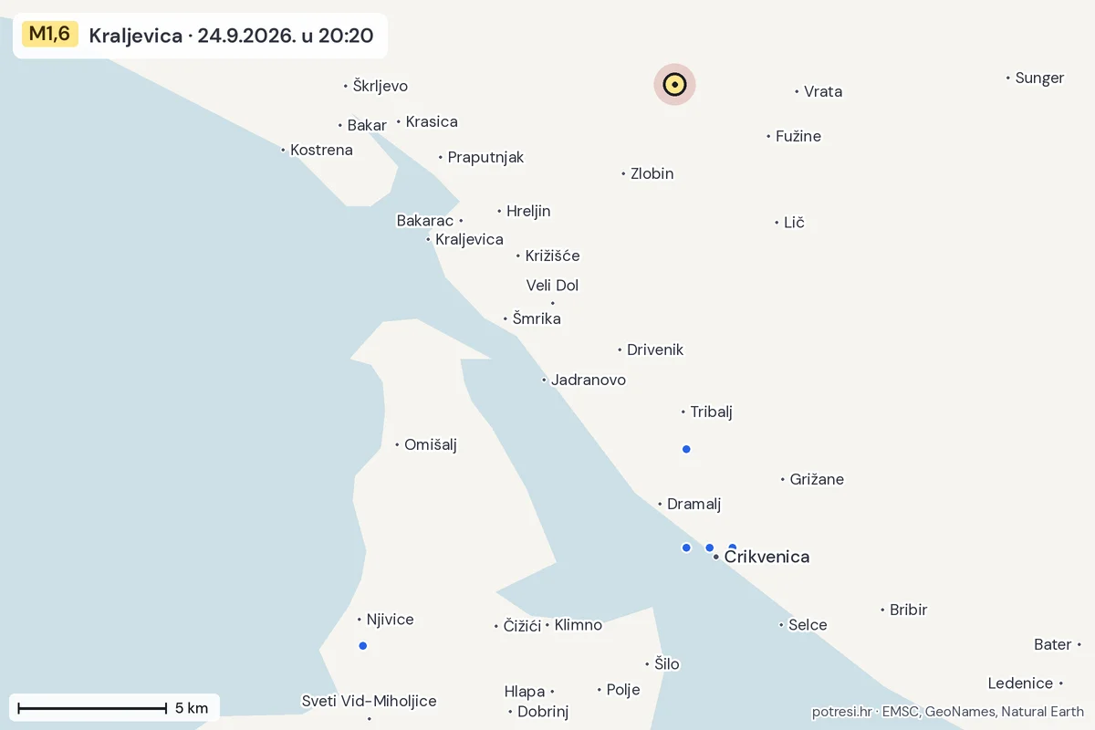Karta: izvješća građana, potres M1,6, Kraljevica, 24.9.2026.