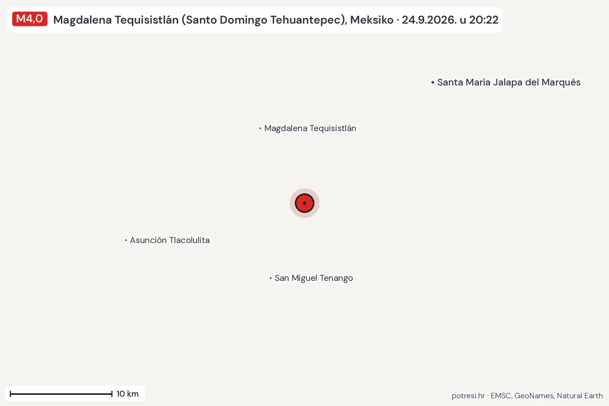 Karta: okolica epicentra, 60 km, potres M4,0, Magdalena Tequisistlán (Santo Domingo Tehuantepec), Meksiko, 24.9.2026.