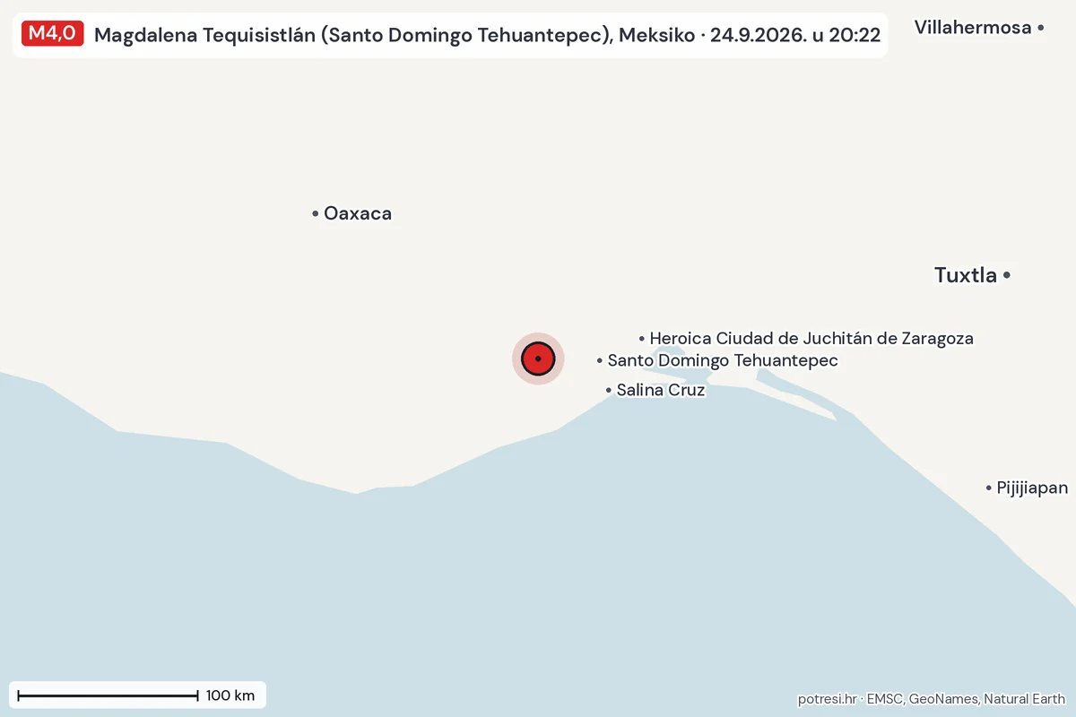 Karta: šire područje, 600 km, potres M4,0, Magdalena Tequisistlán (Santo Domingo Tehuantepec), Meksiko, 24.9.2026.