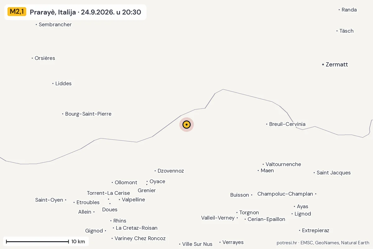 Karta: okolica epicentra, 60 km, potres M2,1, Prarayè, Italija, 24.9.2026.