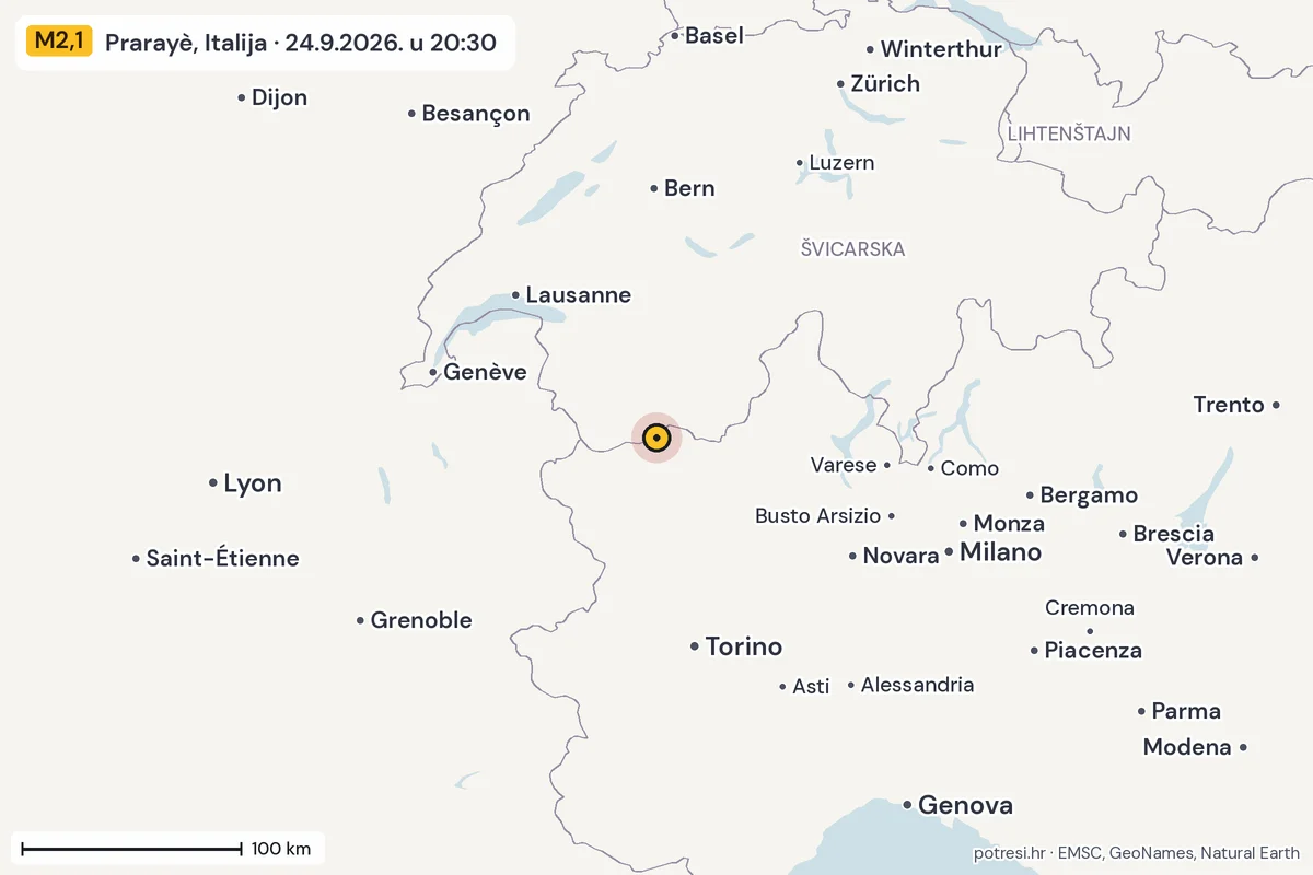 Karta: šire područje, 600 km, potres M2,1, Prarayè, Italija, 24.9.2026.