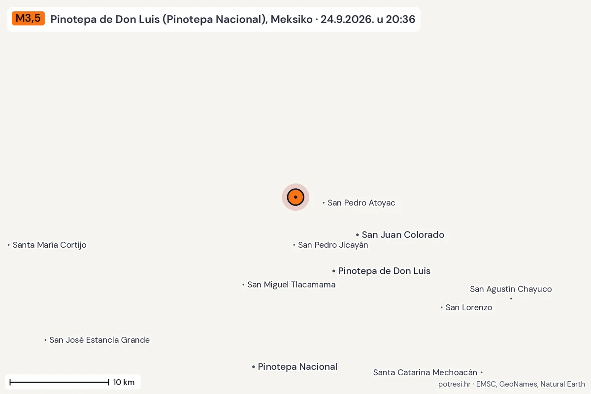 Karta: okolica epicentra, 60 km, potres M3,5, Pinotepa de Don Luis (Pinotepa Nacional), Meksiko, 24.9.2026.