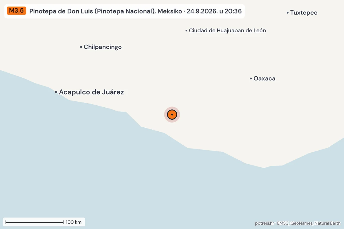 Karta: šire područje, 600 km, potres M3,5, Pinotepa de Don Luis (Pinotepa Nacional), Meksiko, 24.9.2026.