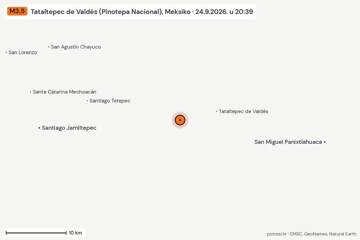 Karta: okolica epicentra, 60 km, potres M3,5, Tataltepec de Valdés (Pinotepa Nacional), Meksiko, 24.9.2026.