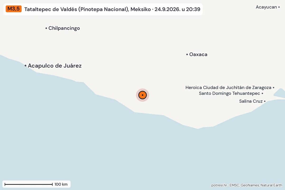 Karta: šire područje, 600 km, potres M3,5, Tataltepec de Valdés (Pinotepa Nacional), Meksiko, 24.9.2026.