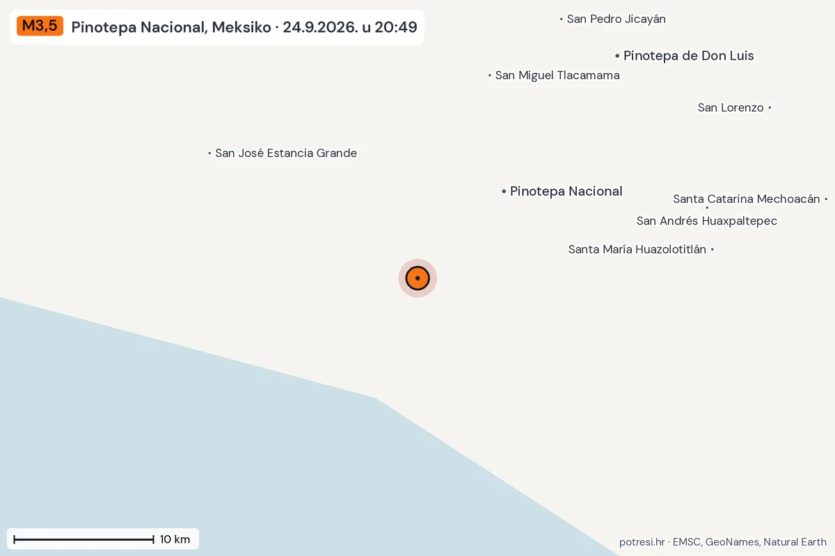 Karta: okolica epicentra, 60 km, potres M3,5, Pinotepa Nacional, Meksiko, 24.9.2026.
