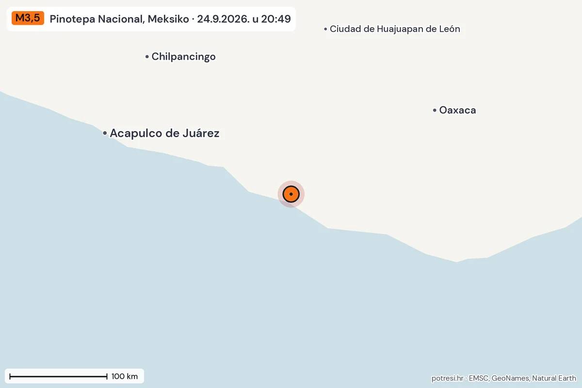 Karta: šire područje, 600 km, potres M3,5, Pinotepa Nacional, Meksiko, 24.9.2026.