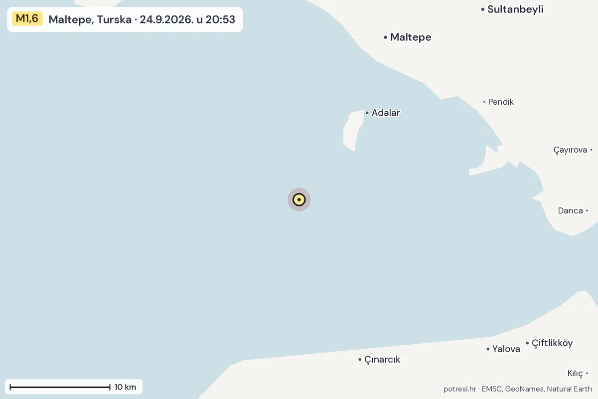 Karta: okolica epicentra, 60 km, potres M1,6, Maltepe, Turska, 24.9.2026.