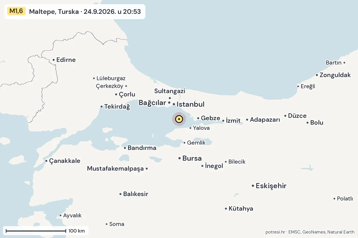 Karta: šire područje, 600 km, potres M1,6, Maltepe, Turska, 24.9.2026.