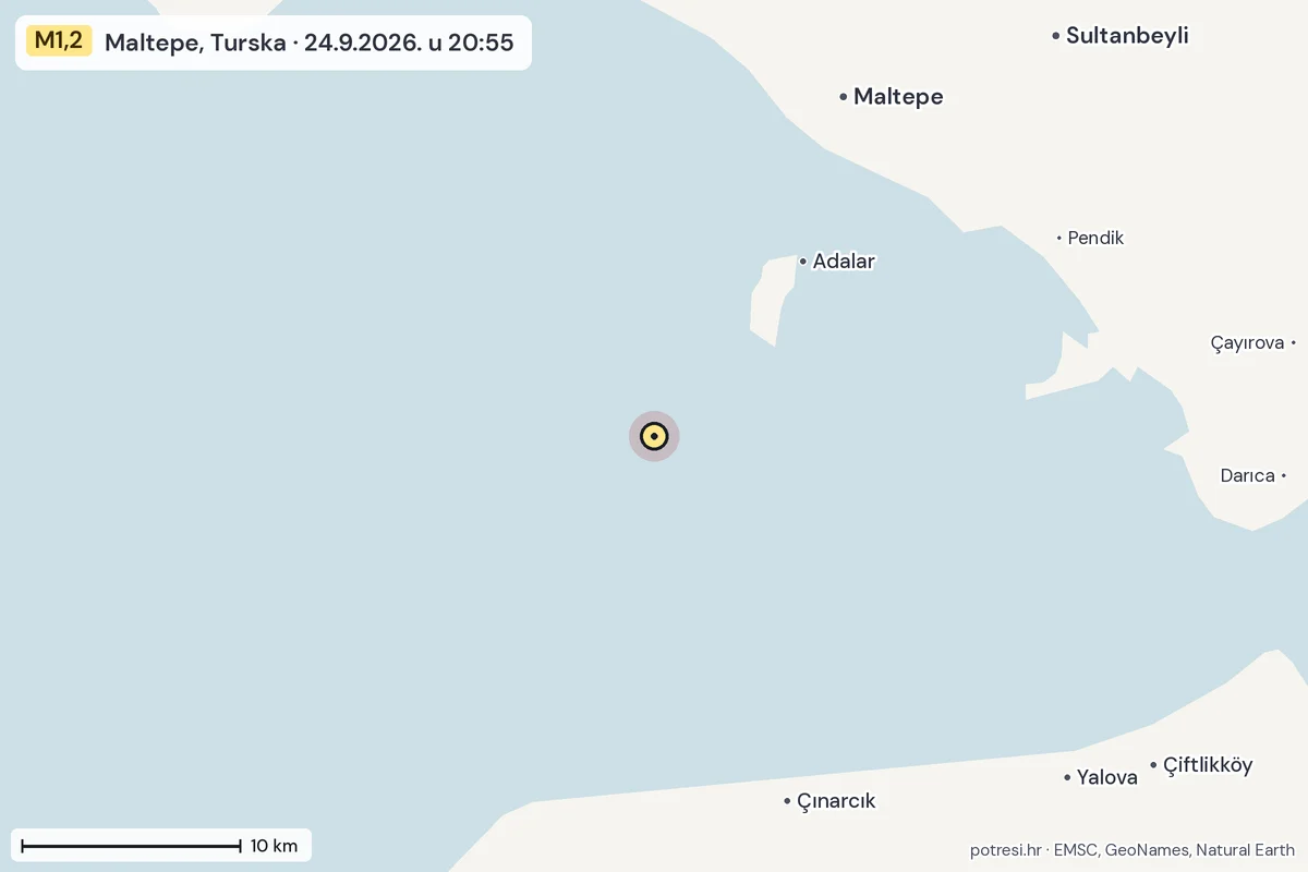 Karta: okolica epicentra, 60 km, potres M1,2, Maltepe, Turska, 24.9.2026.