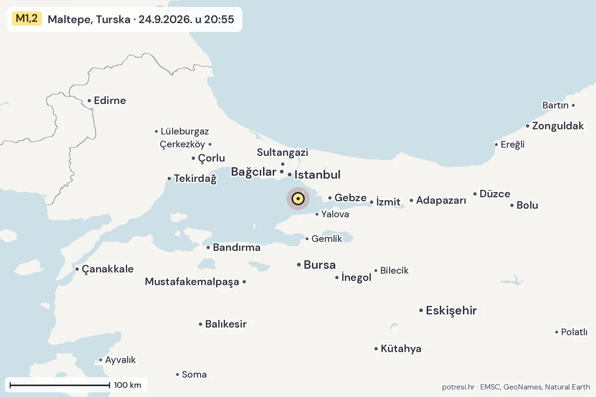 Karta: šire područje, 600 km, potres M1,2, Maltepe, Turska, 24.9.2026.
