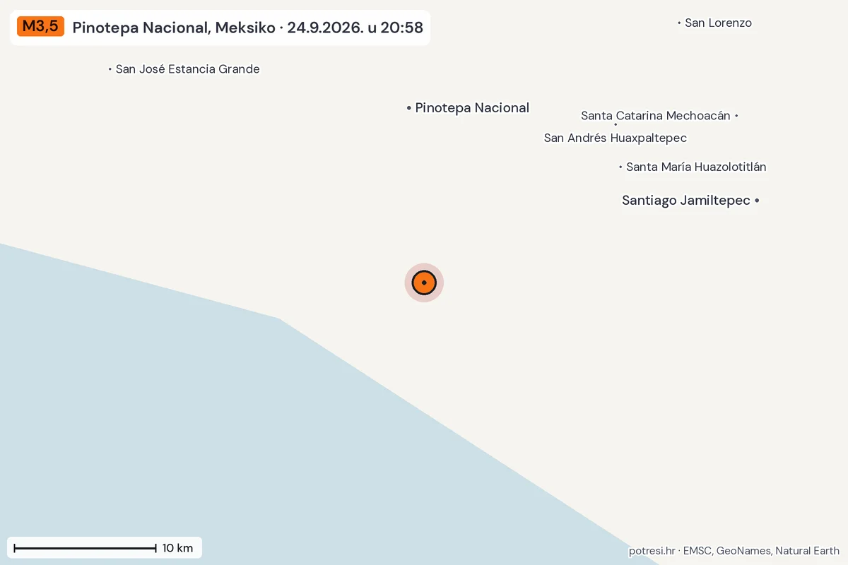 Karta: okolica epicentra, 60 km, potres M3,5, Pinotepa Nacional, Meksiko, 24.9.2026.