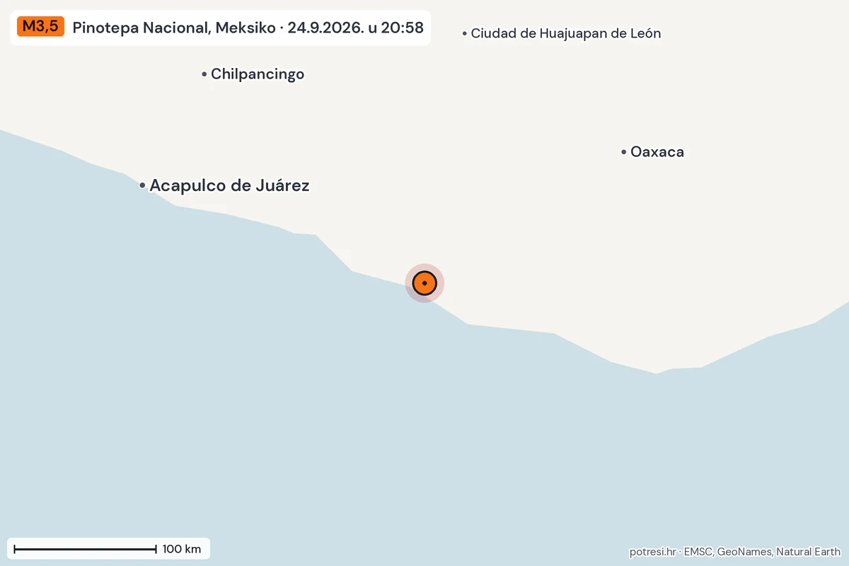 Karta: šire područje, 600 km, potres M3,5, Pinotepa Nacional, Meksiko, 24.9.2026.