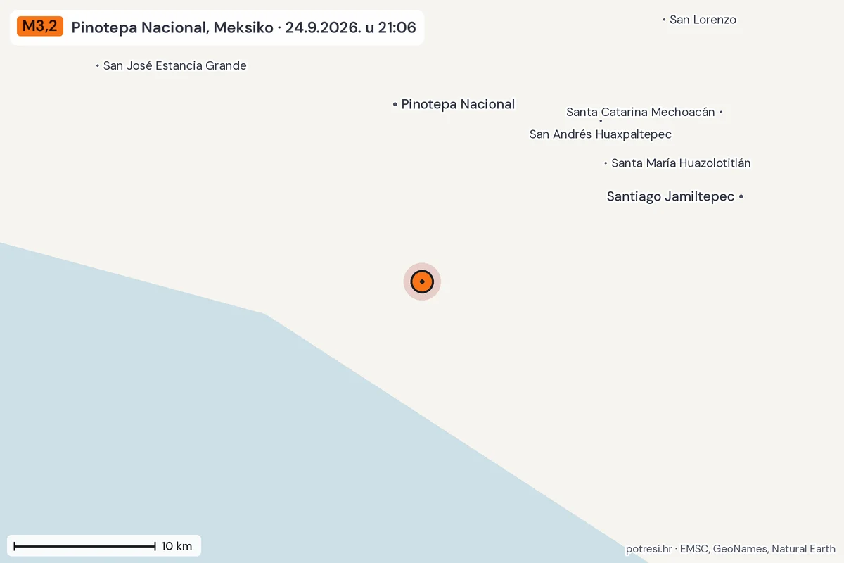 Karta: okolica epicentra, 60 km, potres M3,2, Pinotepa Nacional, Meksiko, 24.9.2026.