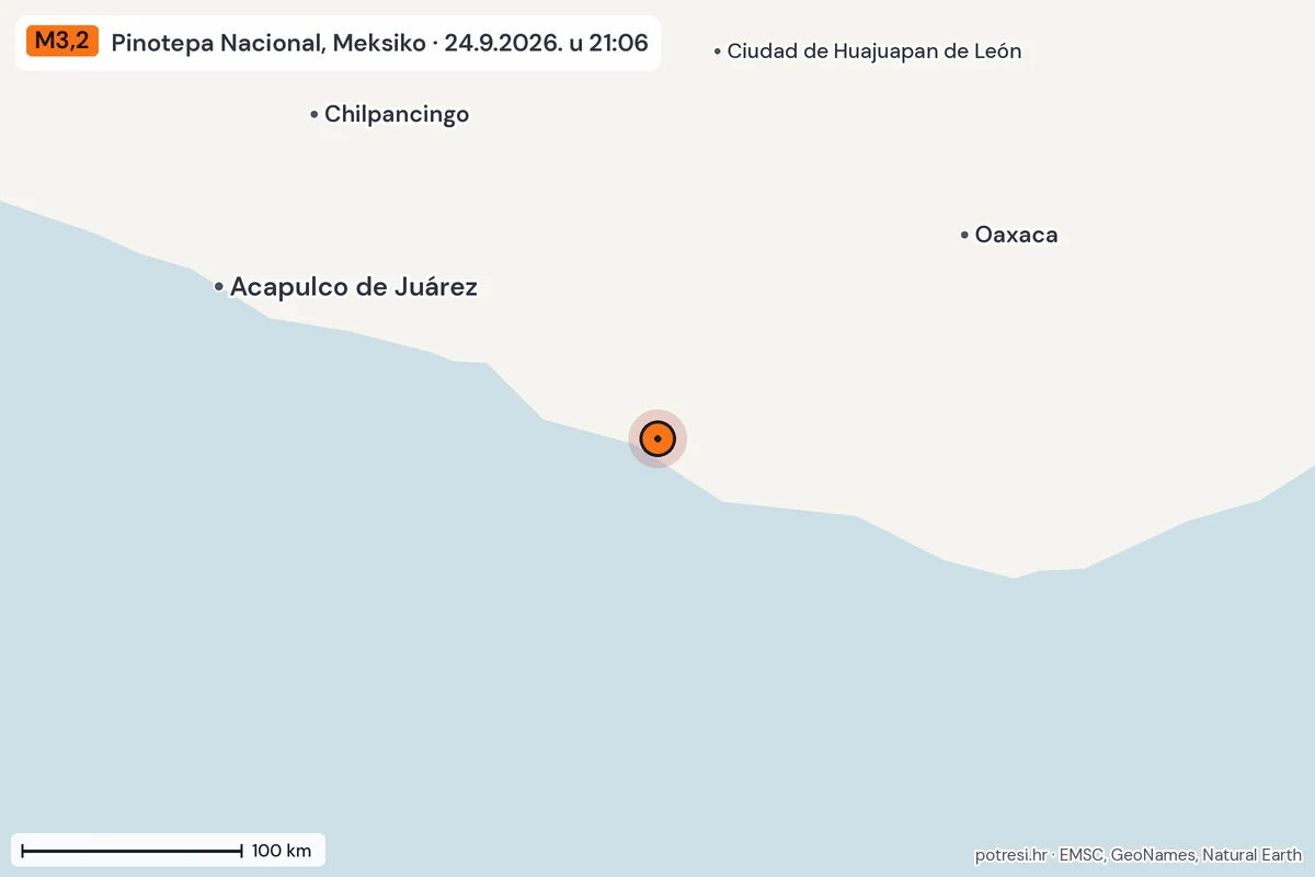 Karta: šire područje, 600 km, potres M3,2, Pinotepa Nacional, Meksiko, 24.9.2026.