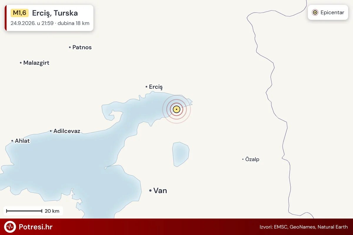 Karta: šire područje i vjerojatni doseg osjeta, potres M1,6, Erciş, Turska, 24.9.2026.