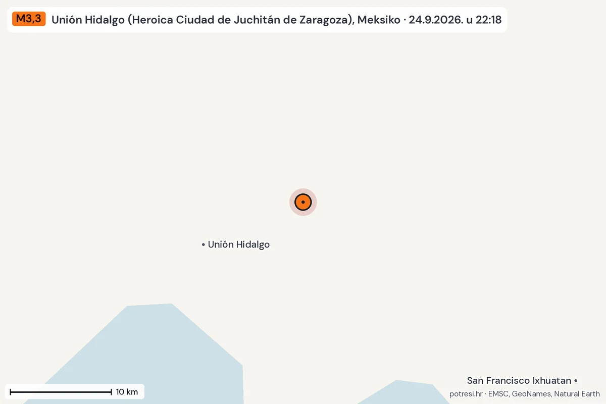 Karta: okolica epicentra, 60 km, potres M3,3, Unión Hidalgo (Heroica Ciudad de Juchitán de Zaragoza), Meksiko, 24.9.2026.