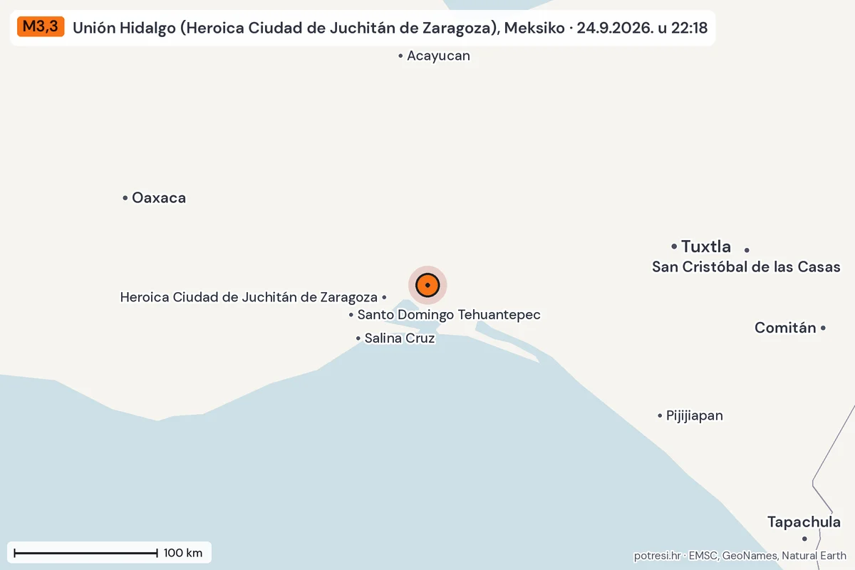 Karta: šire područje, 600 km, potres M3,3, Unión Hidalgo (Heroica Ciudad de Juchitán de Zaragoza), Meksiko, 24.9.2026.