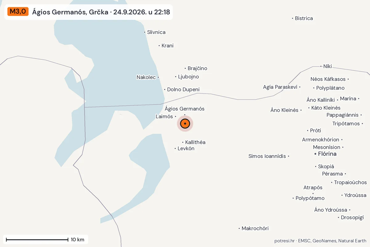 Karta: okolica epicentra, 60 km, potres M3,0, Ágios Germanós, Grčka, 24.9.2026.