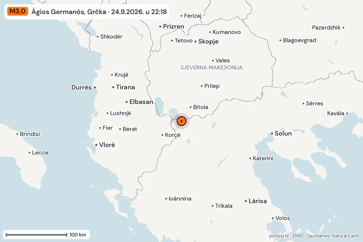Karta: šire područje, 600 km, potres M3,0, Ágios Germanós, Grčka, 24.9.2026.