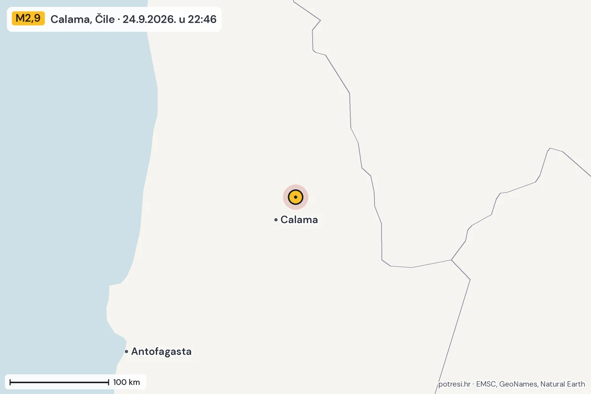 Karta: šire područje, 600 km, potres M2,9, Calama, Čile, 24.9.2026.