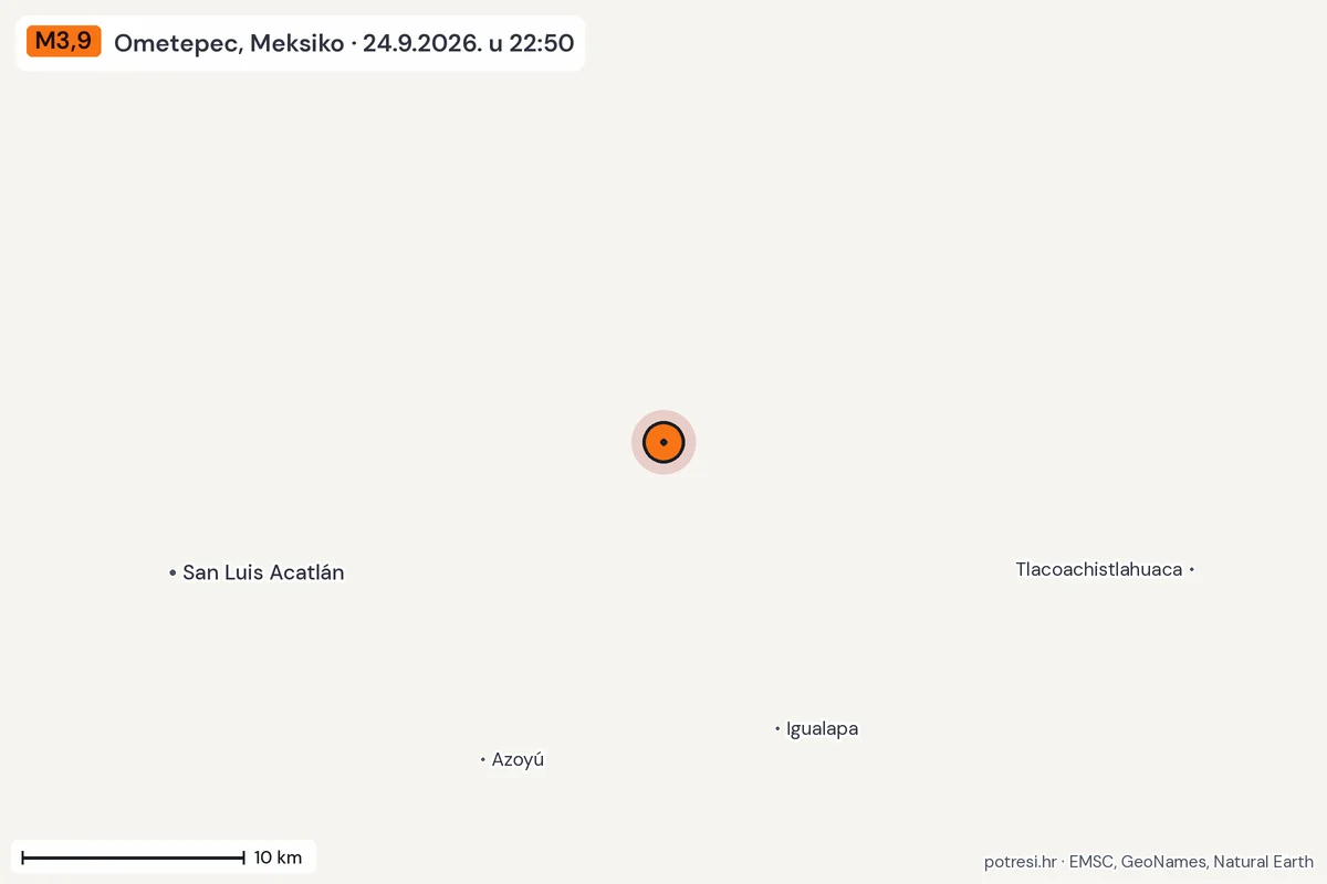 Karta: okolica epicentra, 60 km, potres M3,9, Ometepec, Meksiko, 24.9.2026.