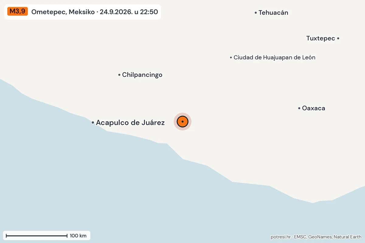 Karta: šire područje, 600 km, potres M3,9, Ometepec, Meksiko, 24.9.2026.
