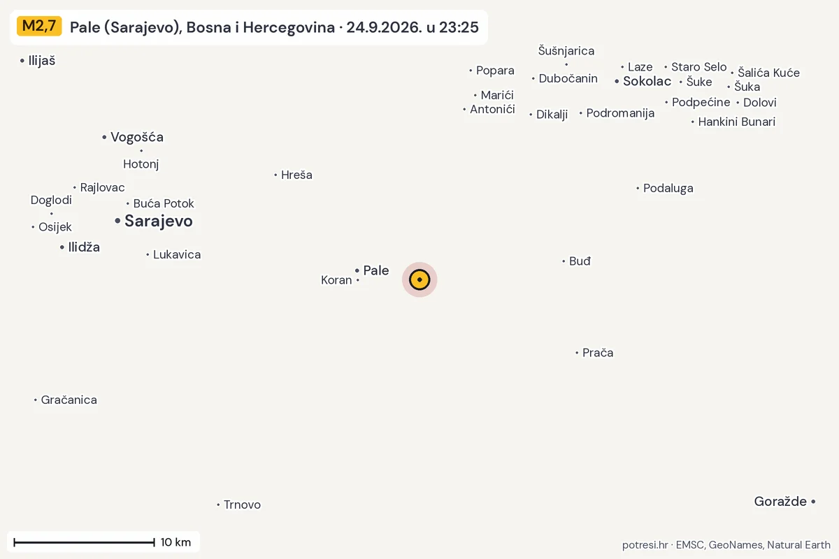 Karta: okolica epicentra, 60 km, potres M2,7, Pale (Sarajevo), Bosna i Hercegovina, 24.9.2026.