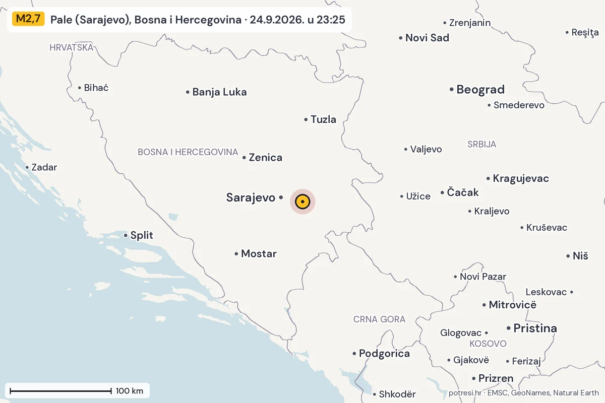 Karta: šire područje, 600 km, potres M2,7, Pale (Sarajevo), Bosna i Hercegovina, 24.9.2026.