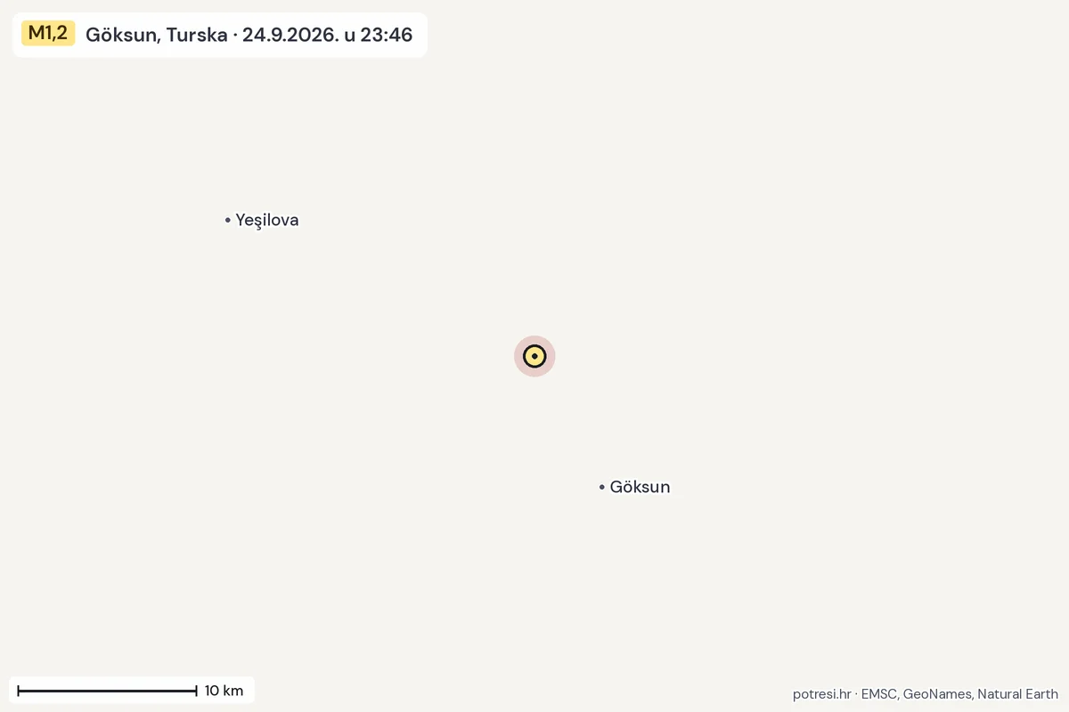 Karta: okolica epicentra, 60 km, potres M1,2, Göksun, Turska, 24.9.2026.