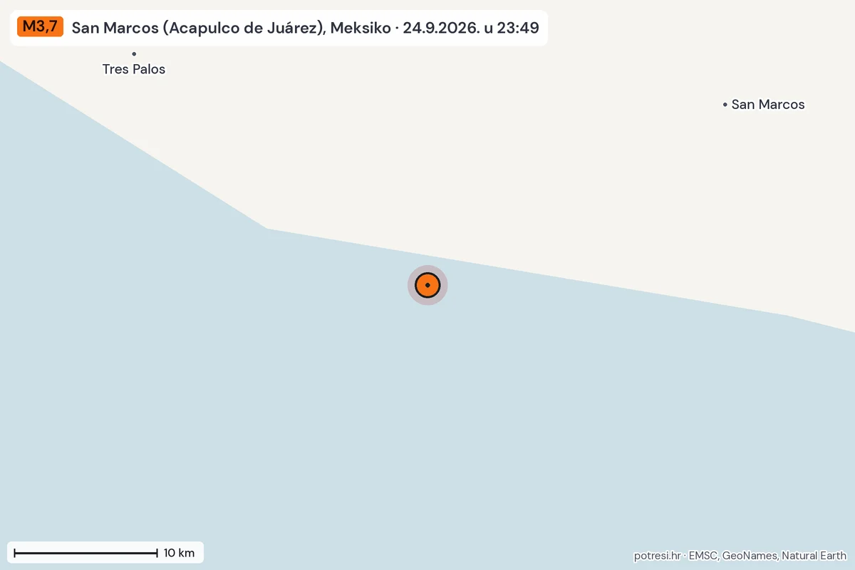 Karta: okolica epicentra, 60 km, potres M3,7, San Marcos (Acapulco de Juárez), Meksiko, 24.9.2026.