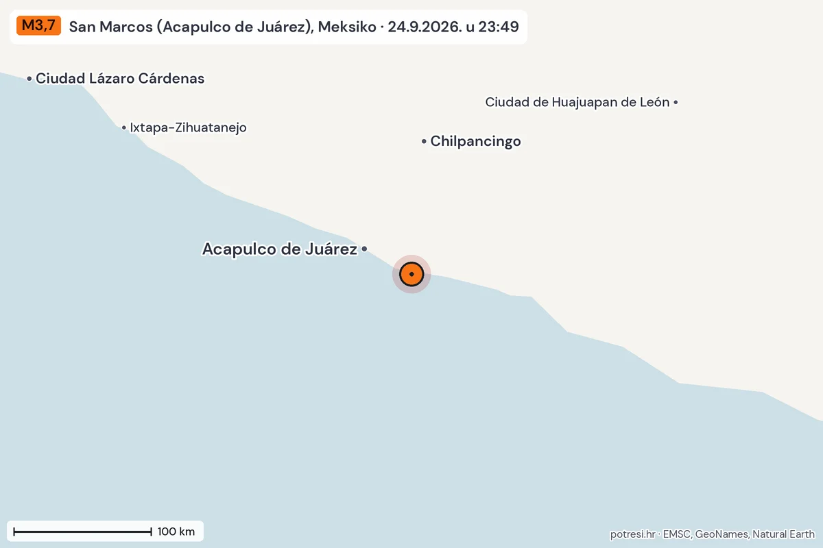 Karta: šire područje, 600 km, potres M3,7, San Marcos (Acapulco de Juárez), Meksiko, 24.9.2026.