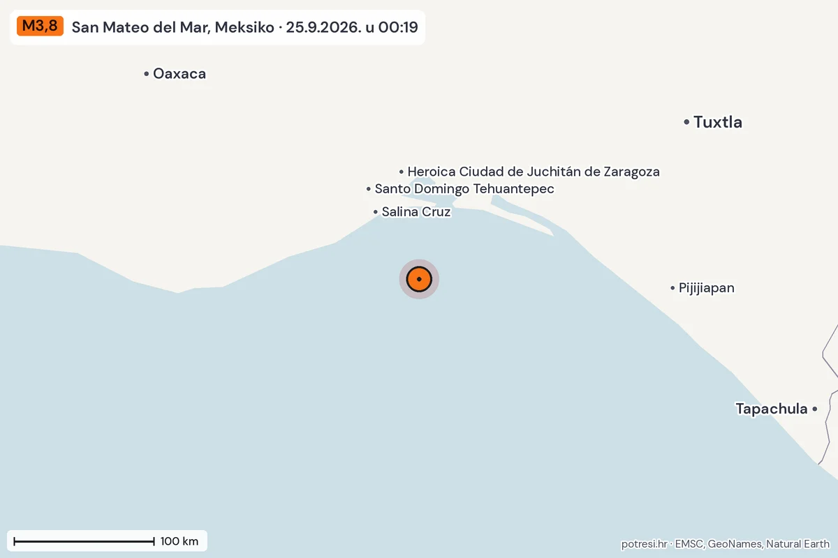 Karta: šire područje, 600 km, potres M3,8, San Mateo del Mar, Meksiko, 25.9.2026.