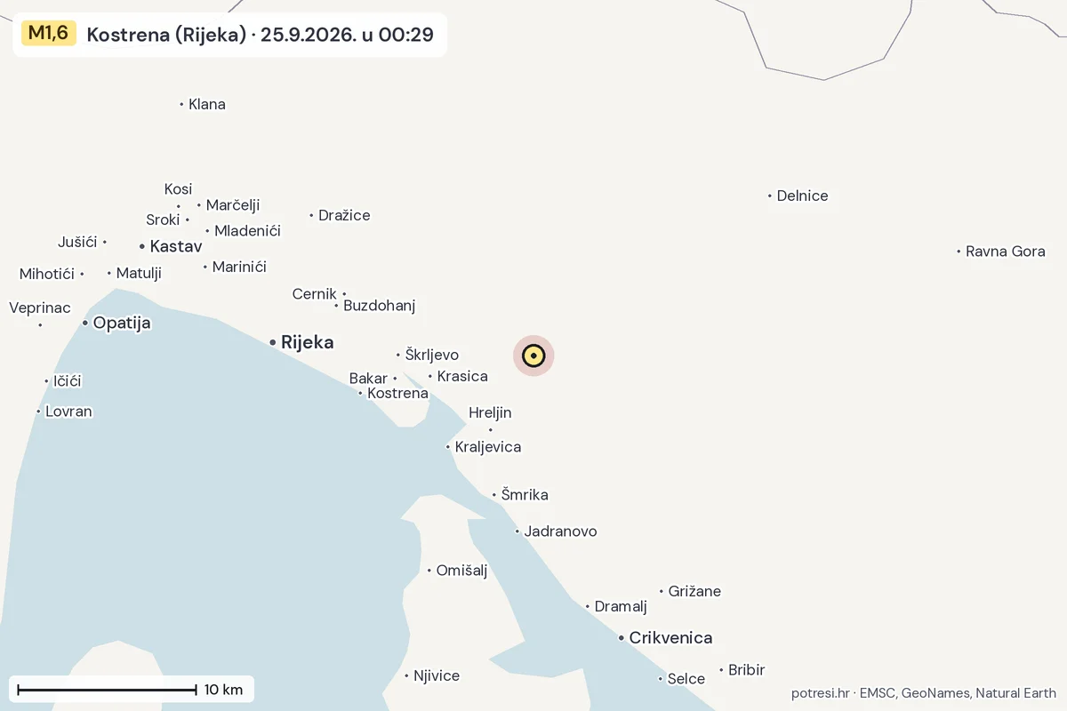 Karta: okolica epicentra, 60 km, potres M1,6, Kostrena (Rijeka), 25.9.2026.