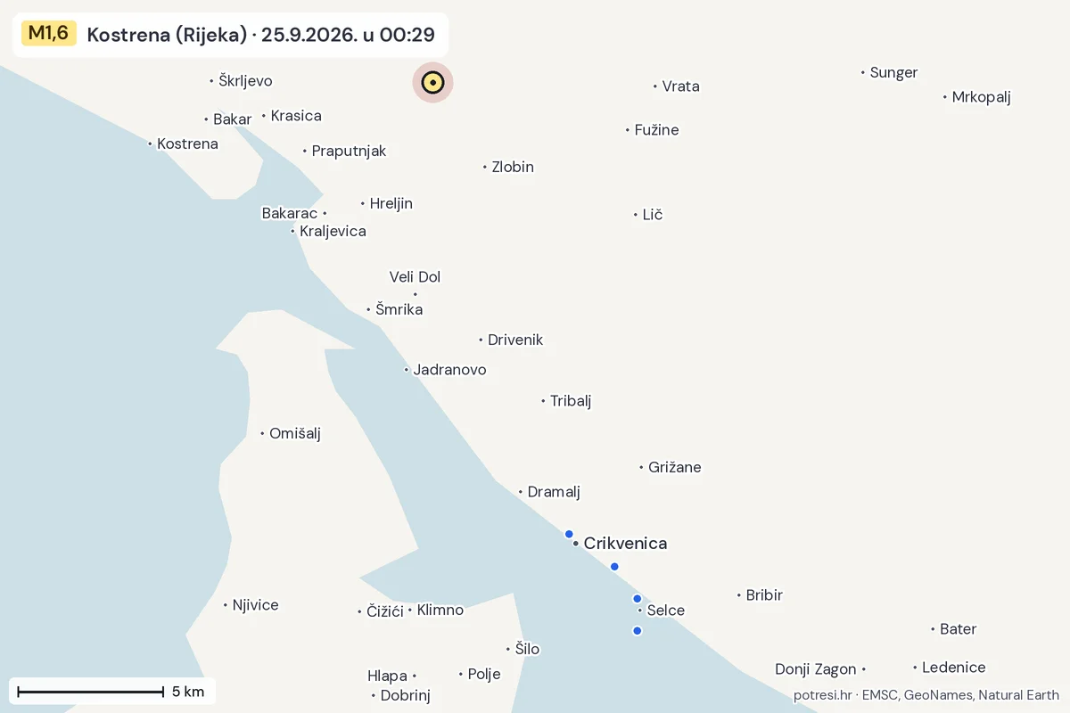Karta: izvješća građana, potres M1,6, Kostrena (Rijeka), 25.9.2026.