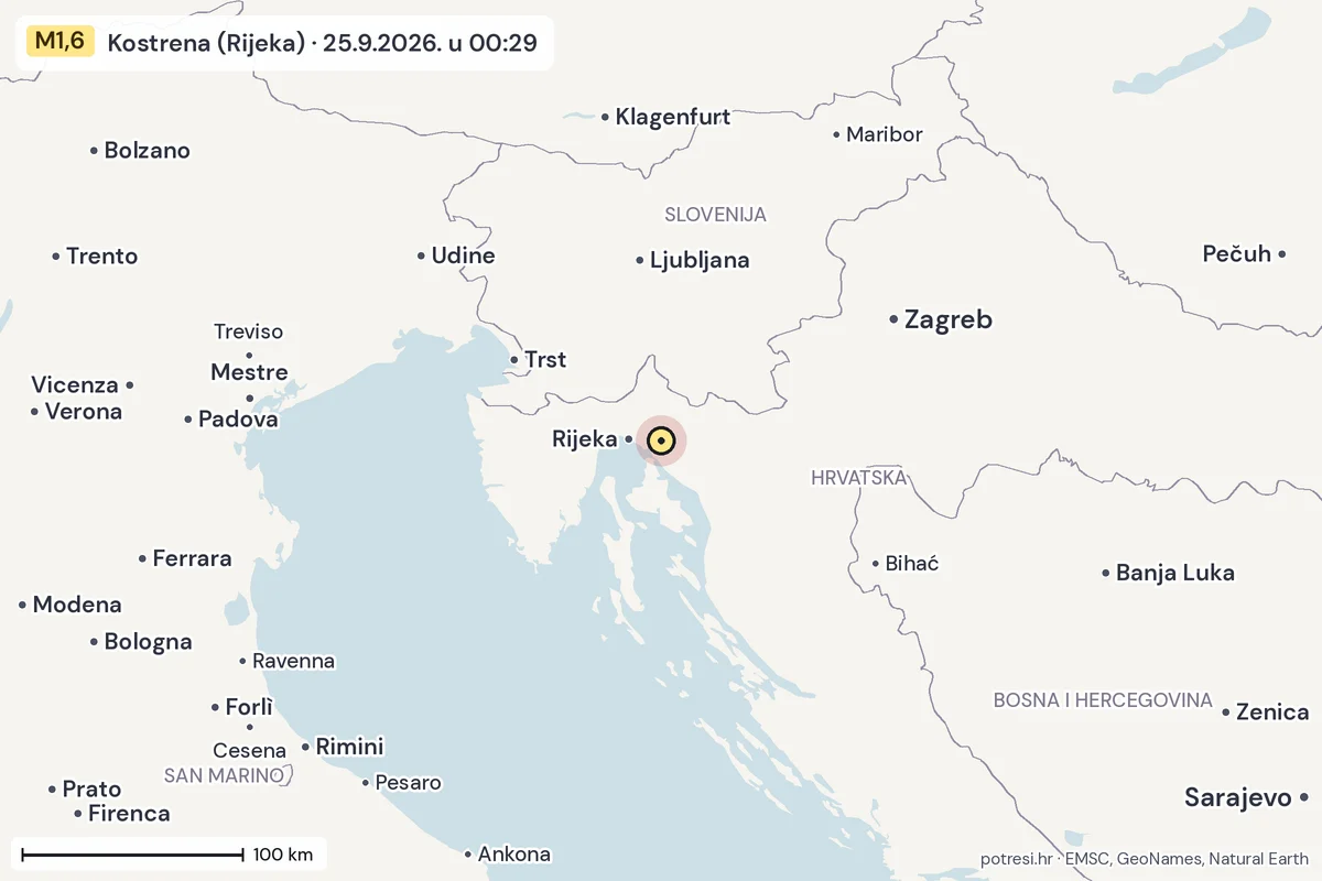 Karta: šire područje, 600 km, potres M1,6, Kostrena (Rijeka), 25.9.2026.