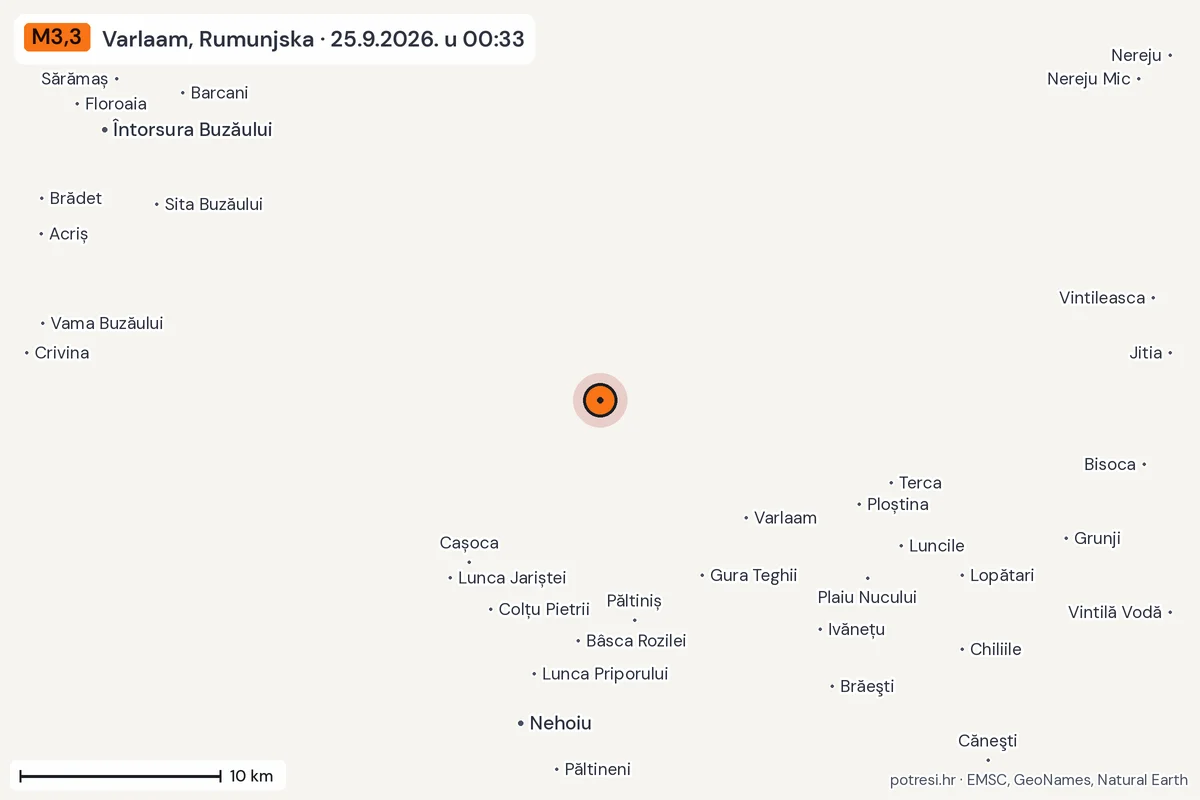 Karta: okolica epicentra, 60 km, potres M3,3, Varlaam, Rumunjska, 25.9.2026.