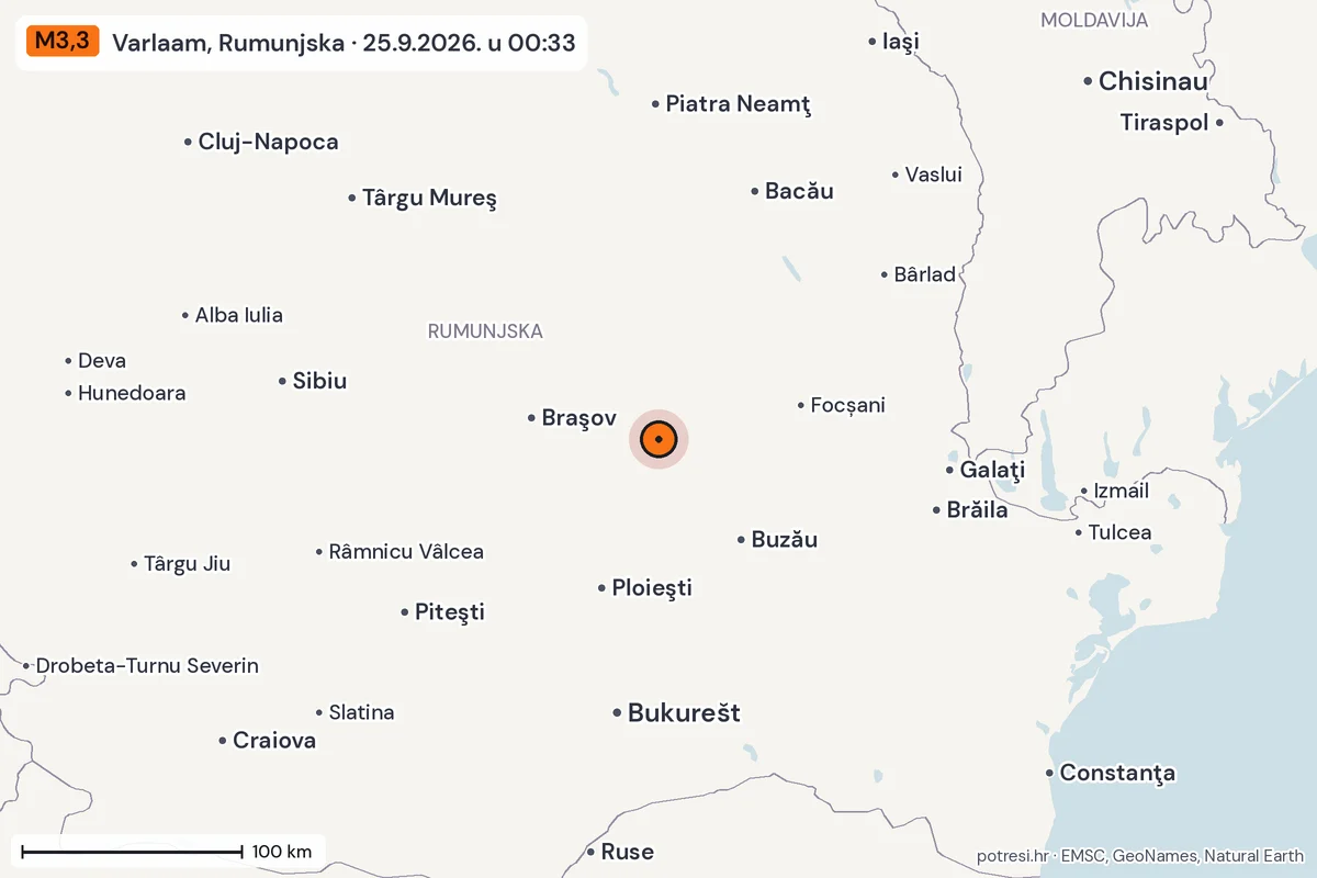 Karta: šire područje, 600 km, potres M3,3, Varlaam, Rumunjska, 25.9.2026.